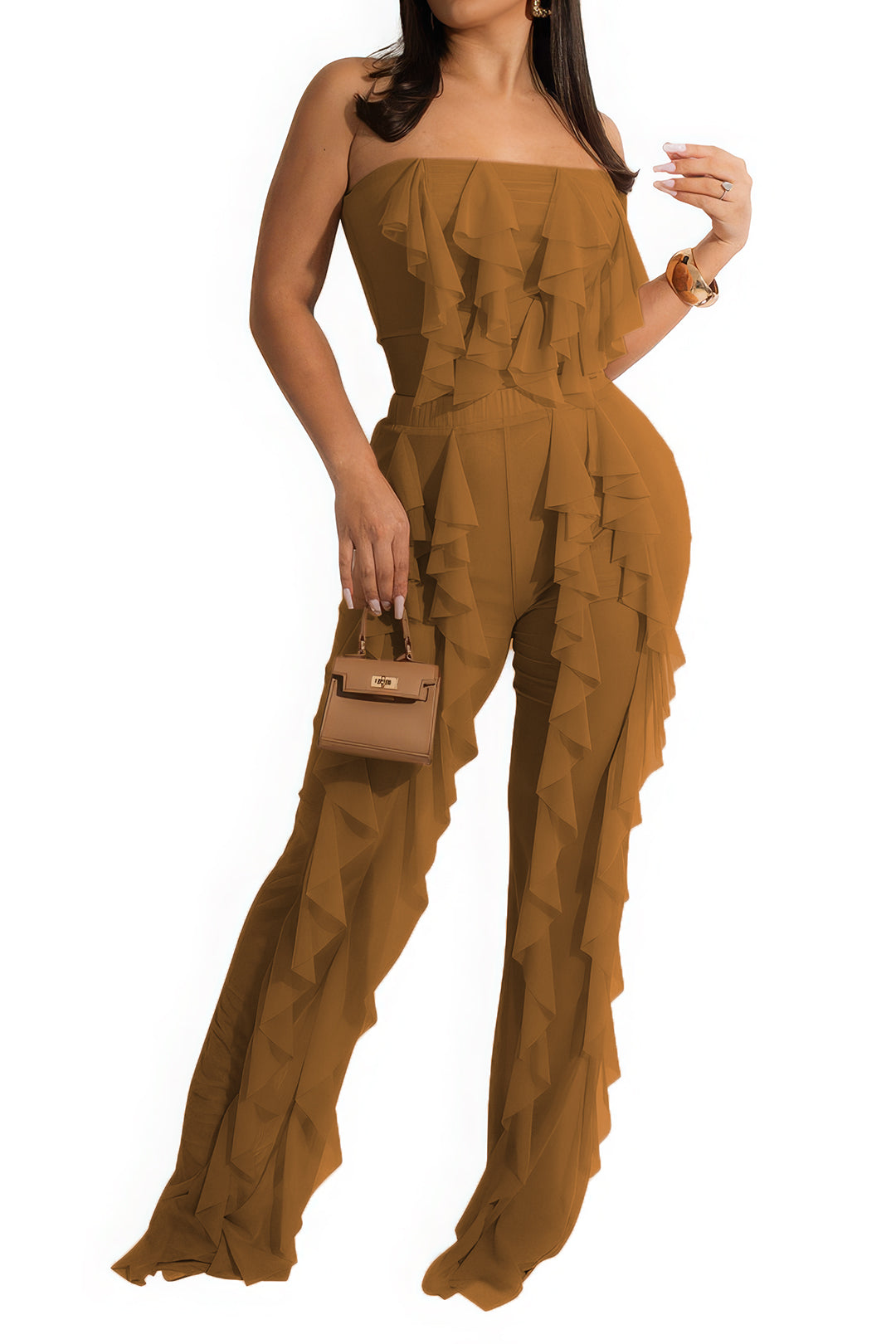 Ruffle Mesh Contrast Tube Top And Trousers Set