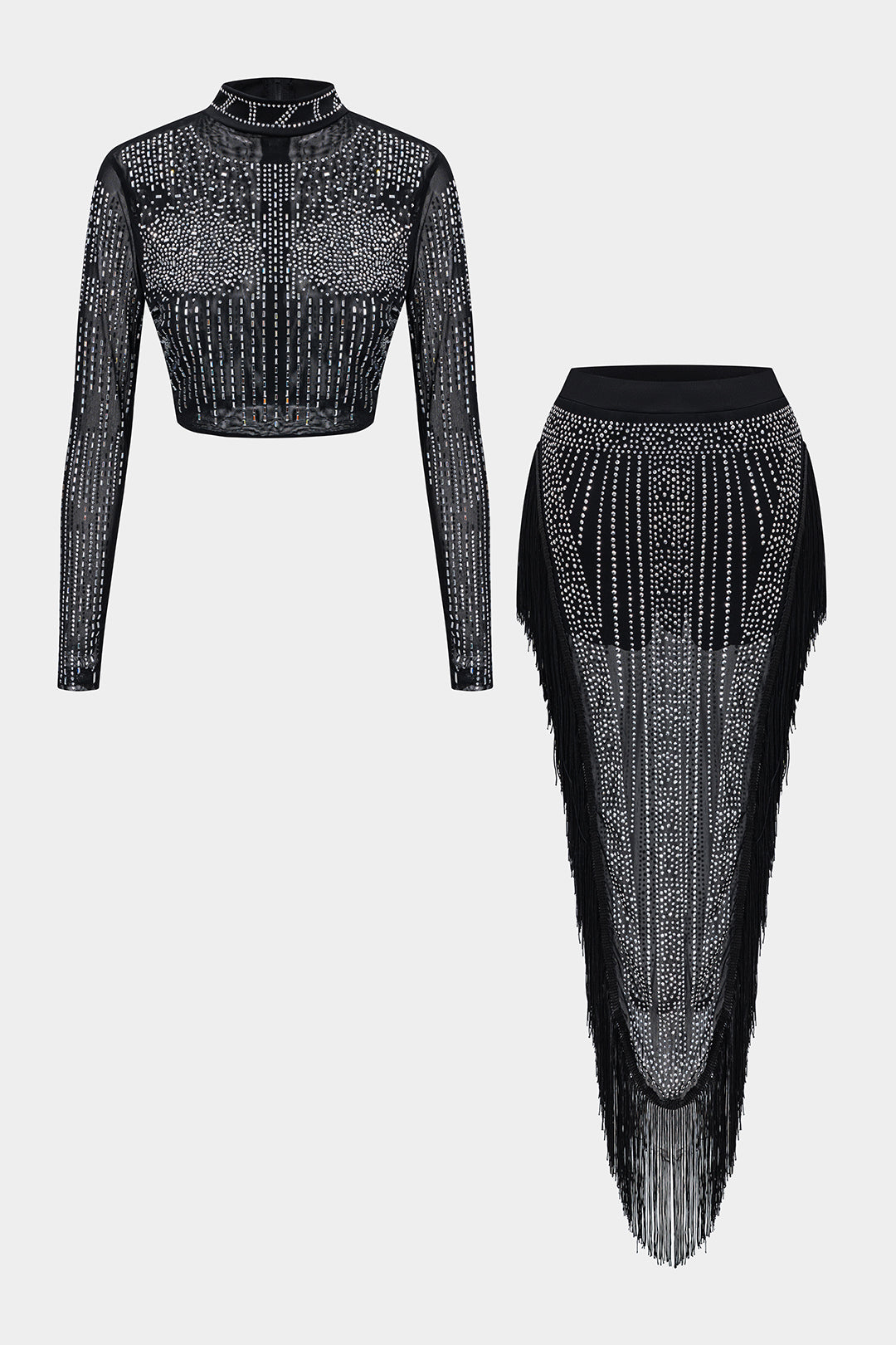 Mesh Rhinestone Zipper  Long Sleeve Top And Fringe Skirt Set