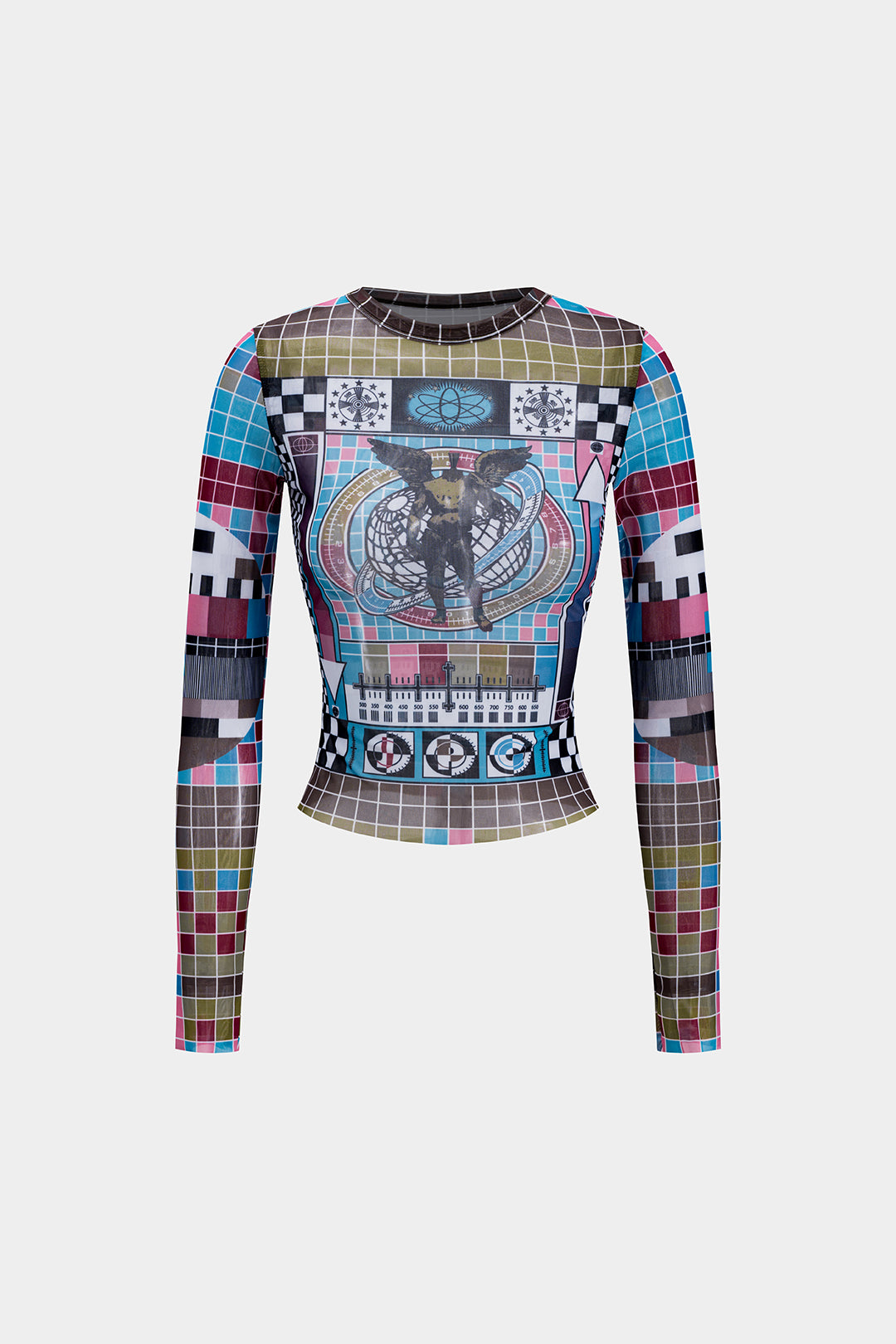 Retro Print Mesh Long Sleeve T-Shirt