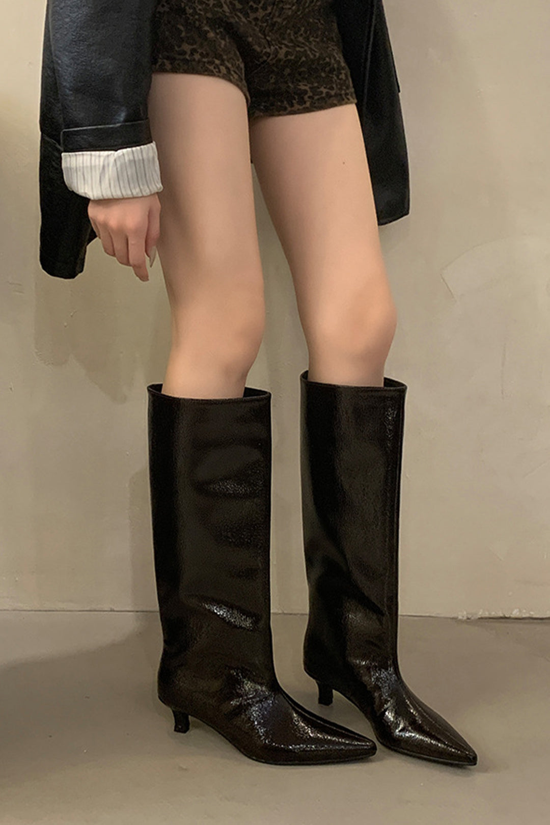 Faux Leather Textured Pointed Toe Knee High Boots