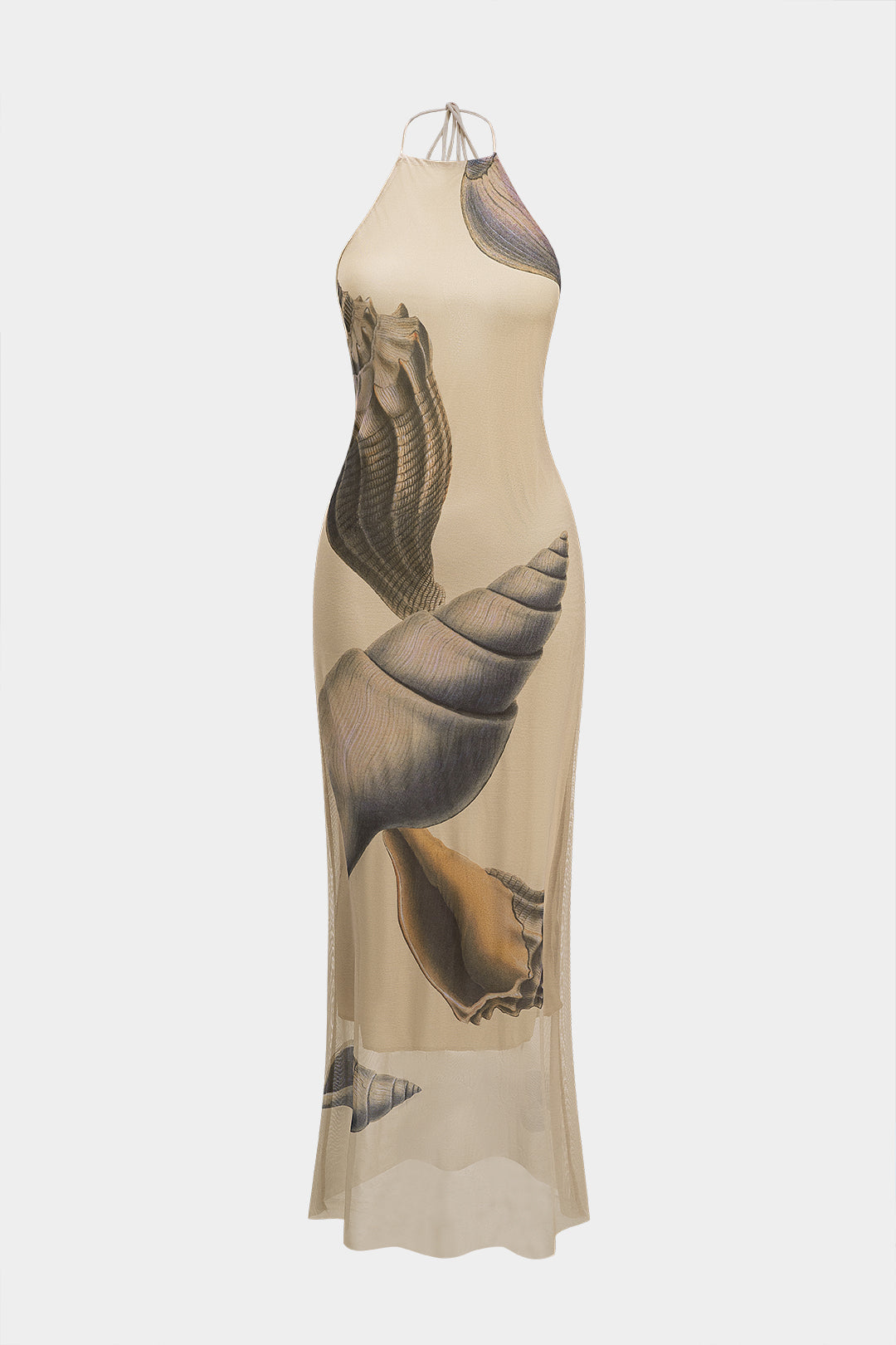 Tropical Shell Print Mesh Backless Tie Up Sleeveless Maxi Dress