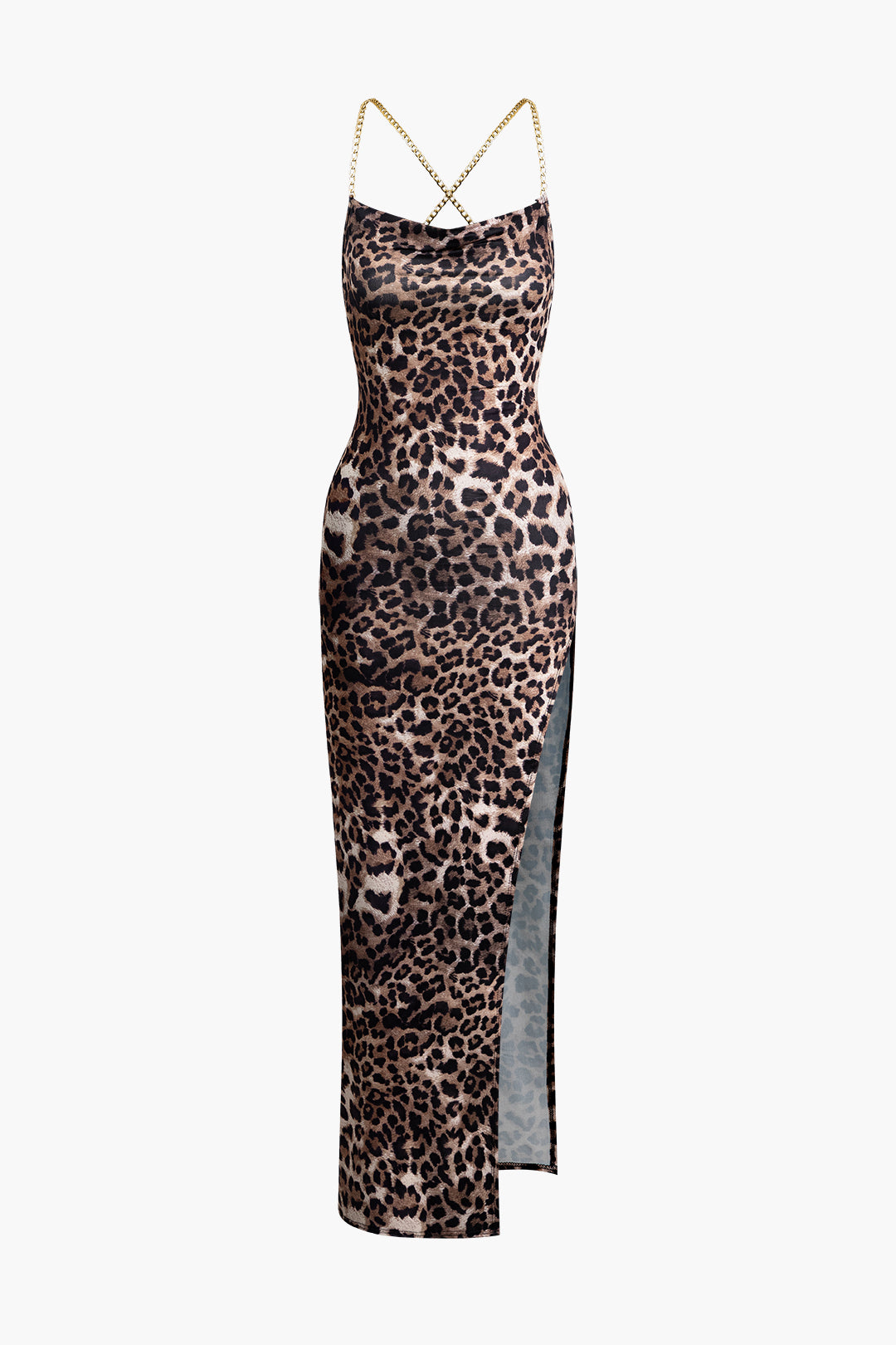 Leopard Print Cross Chain Backless Cowl Neck Slit Maxi Dress