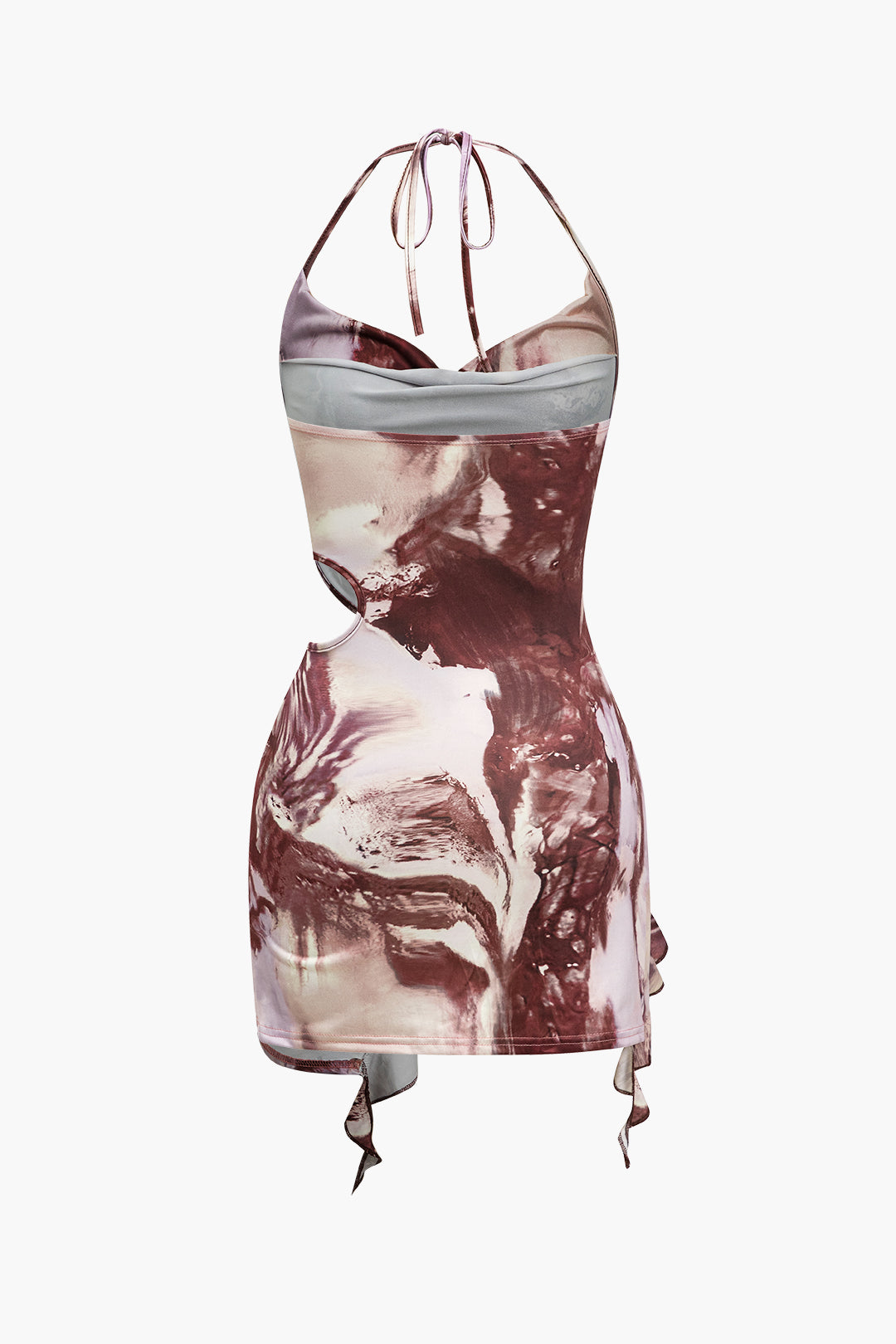 Tie Dye Print Ruched Ruffle Cut Out Tie-Up Backless Mini Dress