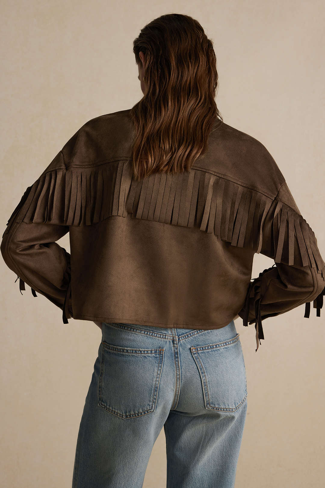 Faux Suede Fringe Pocket Button Long-Sleeve Jacket