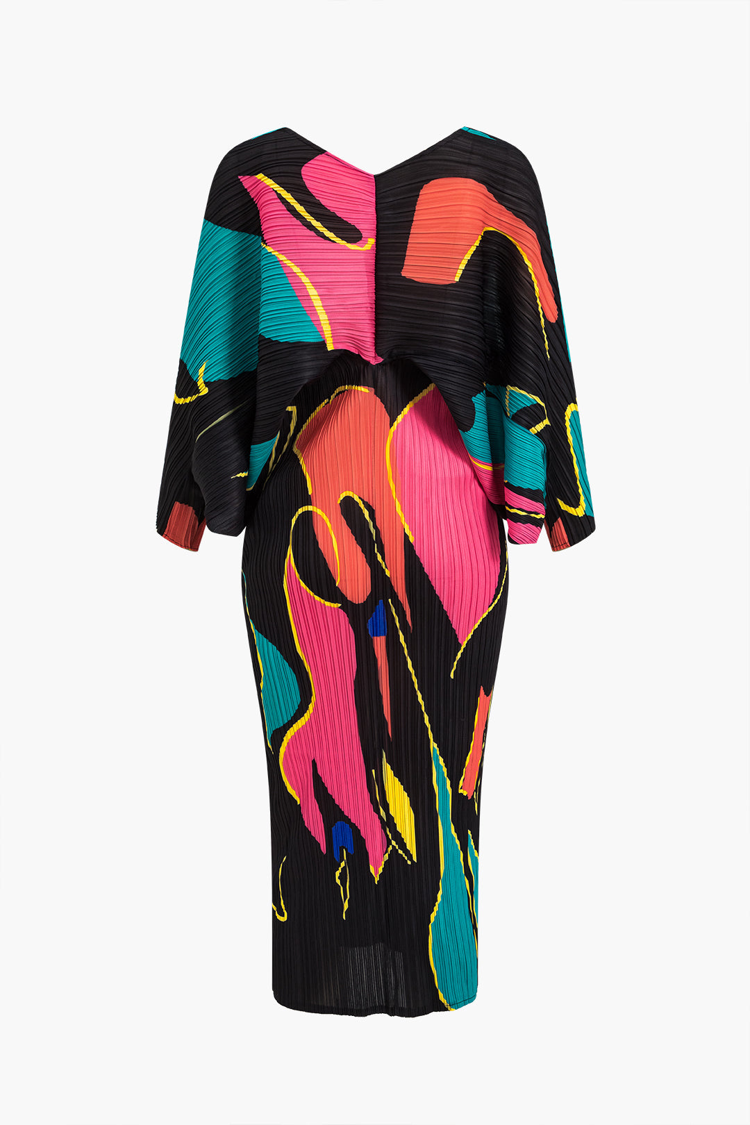 Color Block Print Pleated V-Neck Batwing Sleeves Maxi Dress