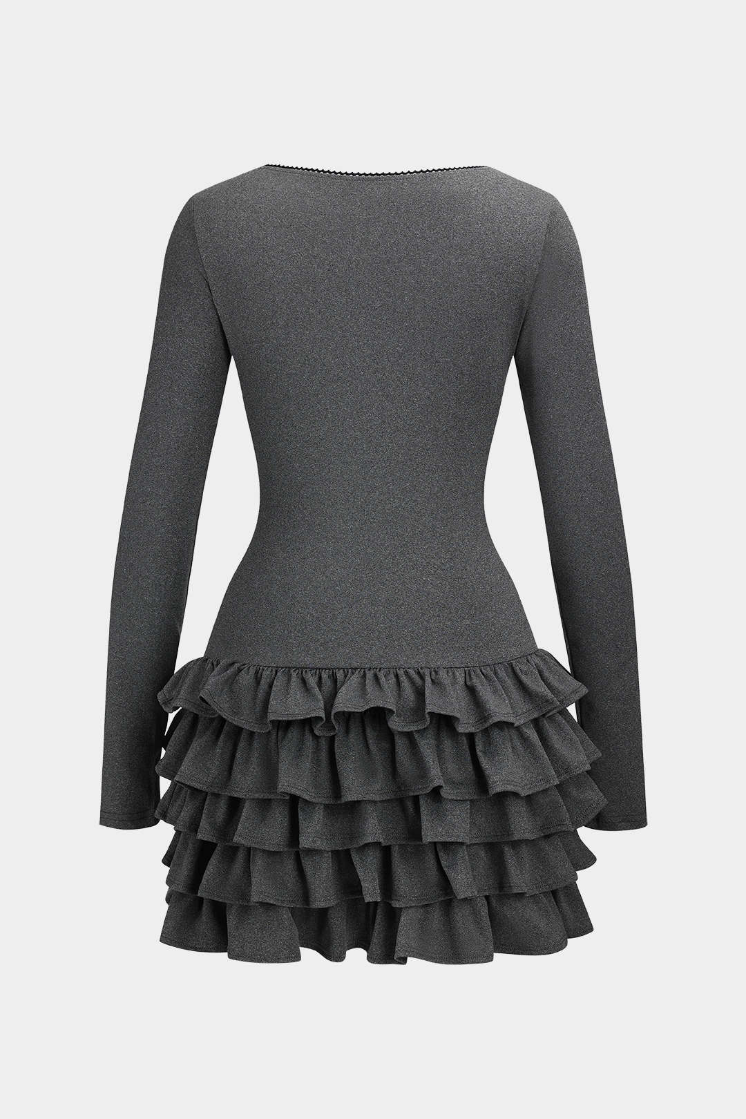 Ruffle Round Neck Puff Hem Long Sleeve Mini Dress