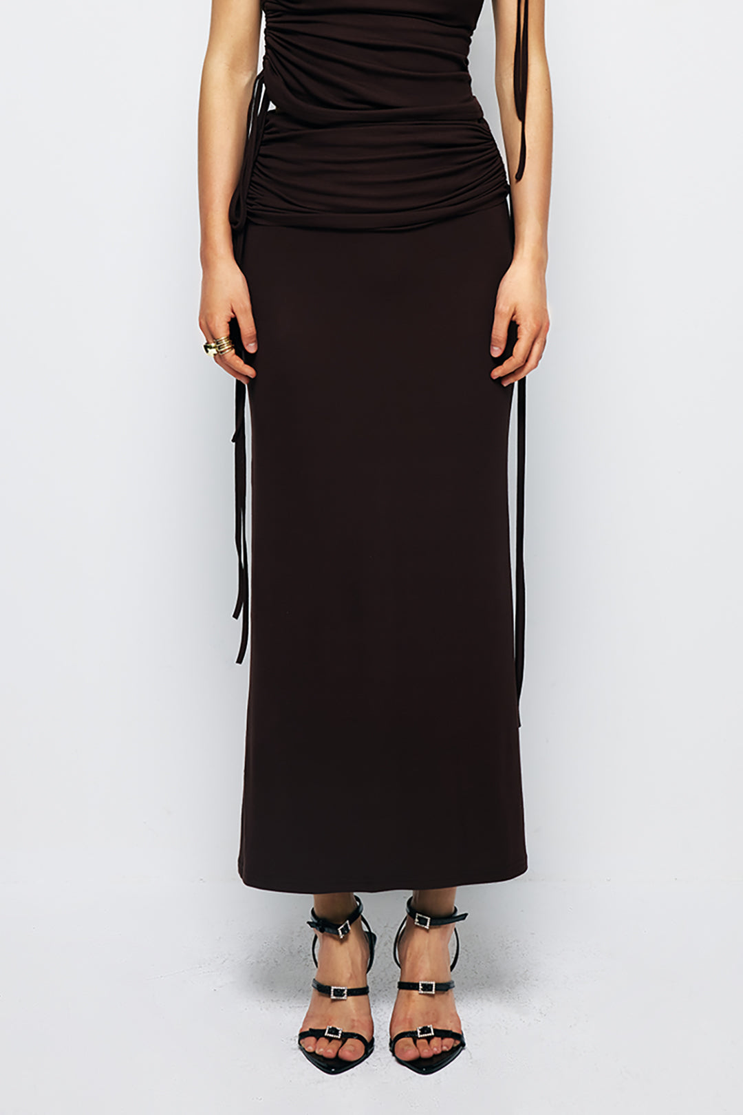 Drawstring Ruched Split Maxi Skirt