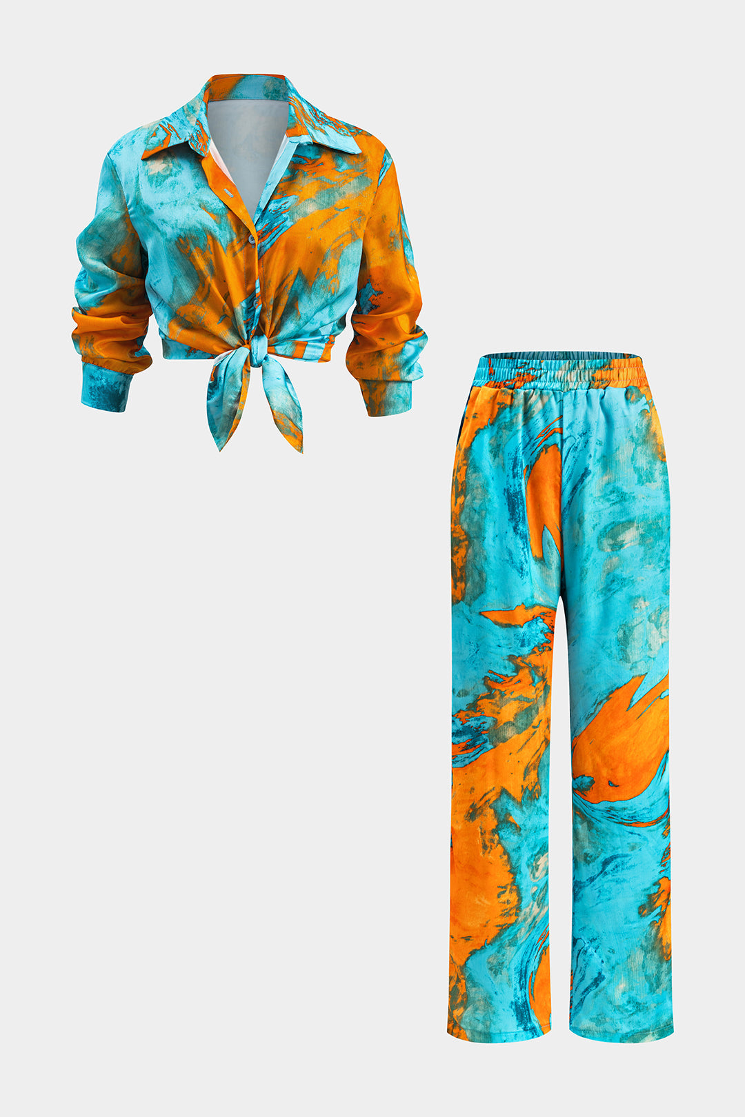 Tie Dye Satin Button Long Sleeve Shirt And Ruched Wide Leg Trousers Set