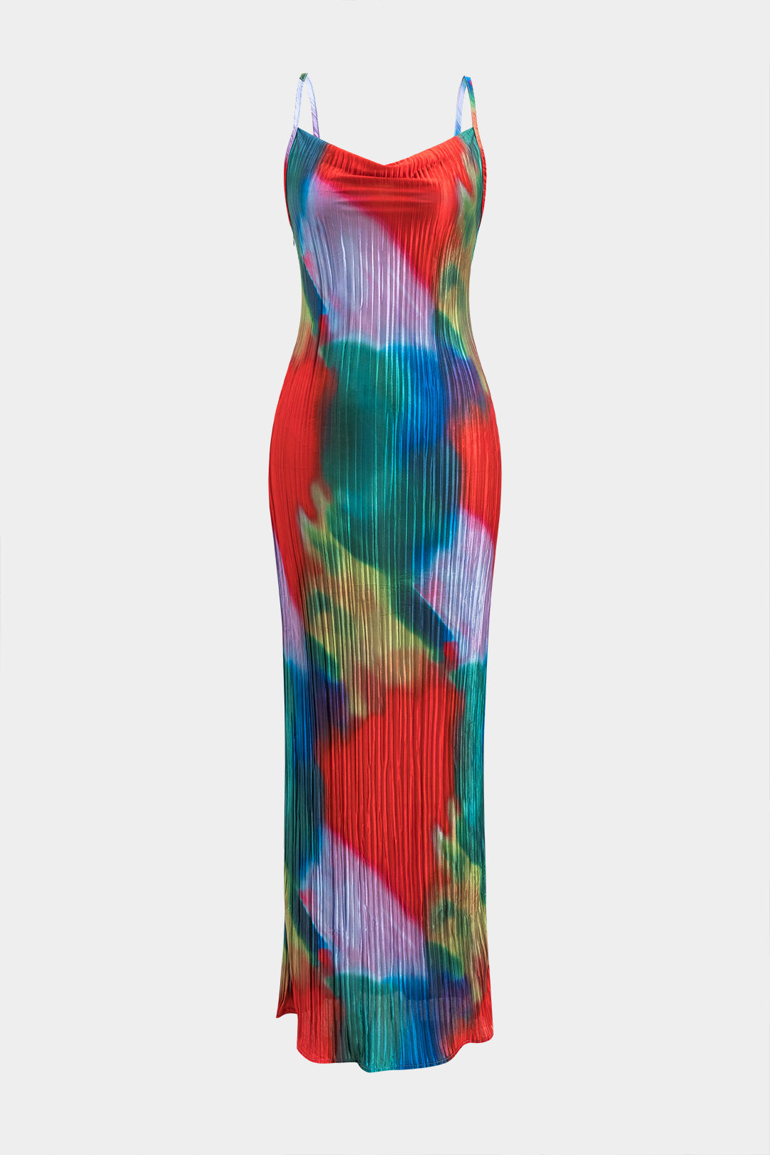 Contrast Print Satin Pleated Slip Maxi Dress