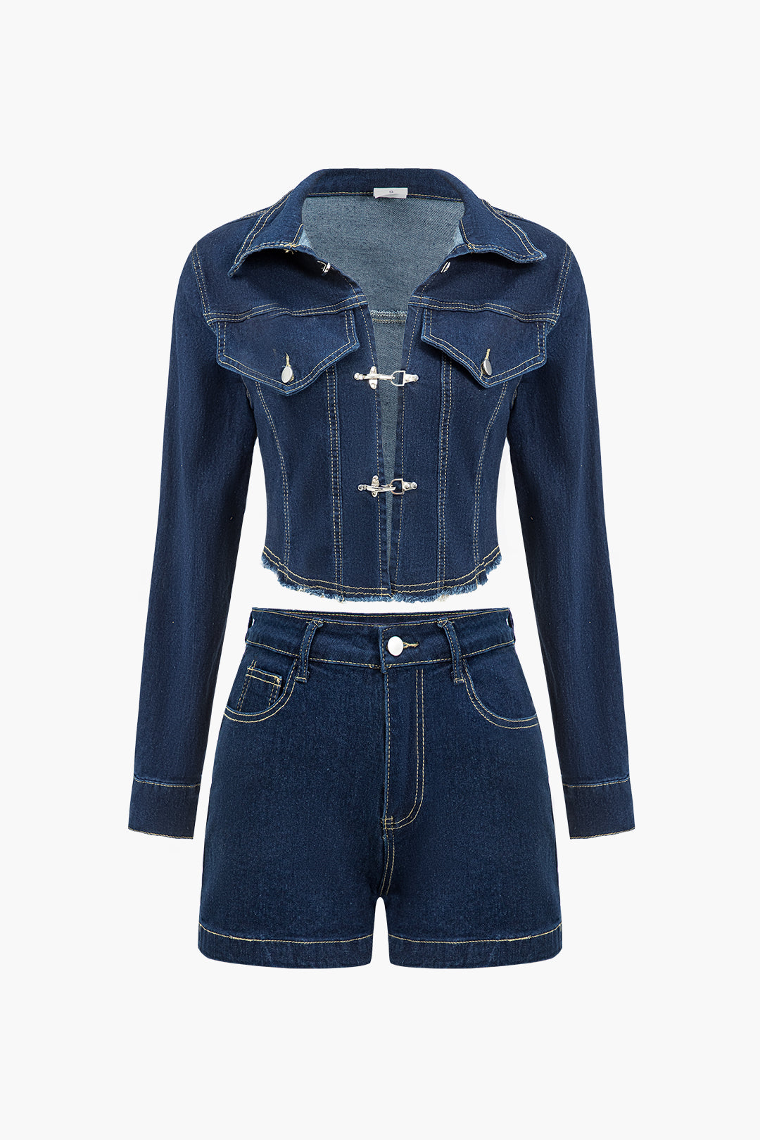 Denim Toggle Button Crop Jacket And High Waist Shorts Set