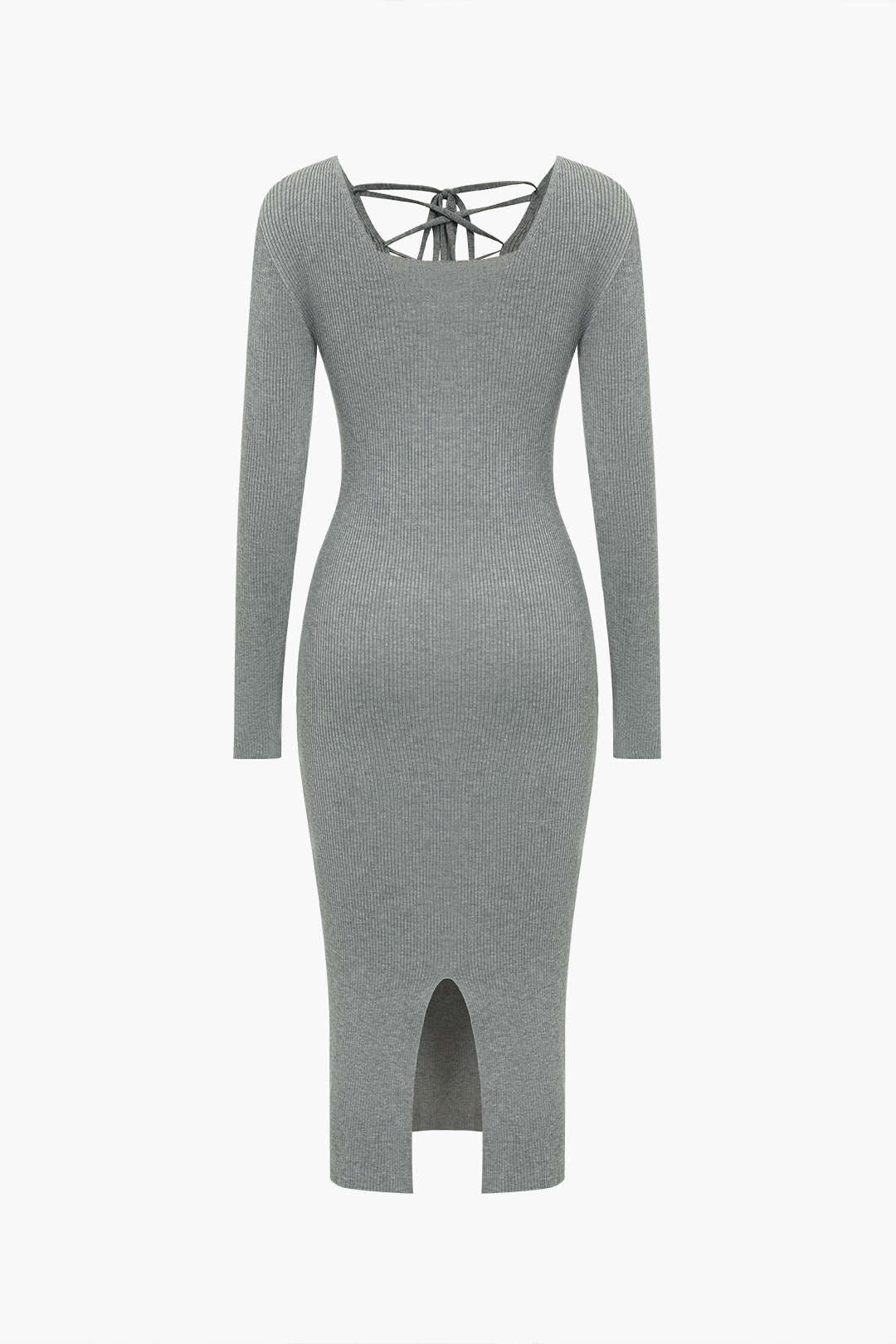 Knitted Cut Out Tie-Up Slit Long Sleeve Dress