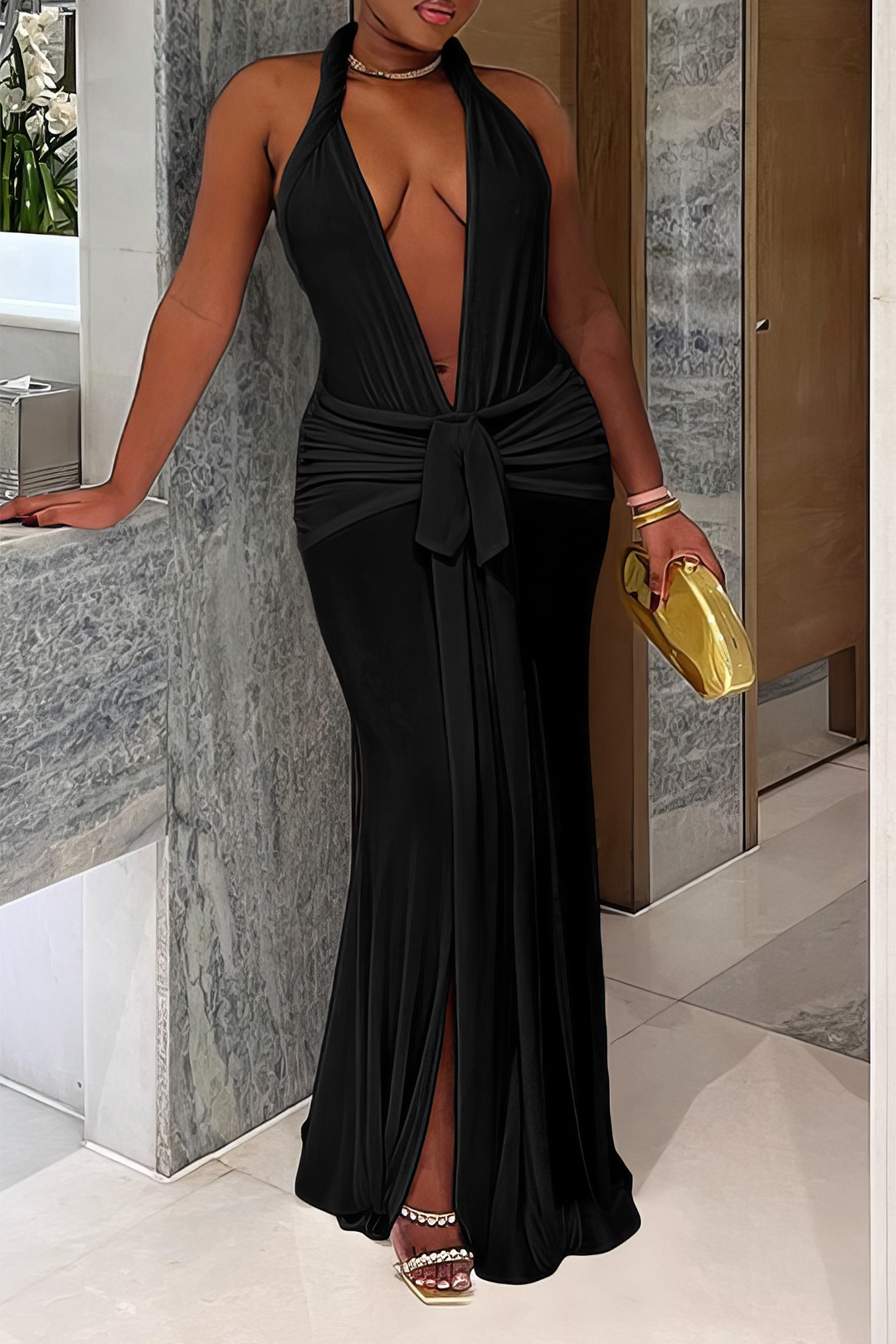 Ruched Tie Front Halter Neck Backless Maxi Dress