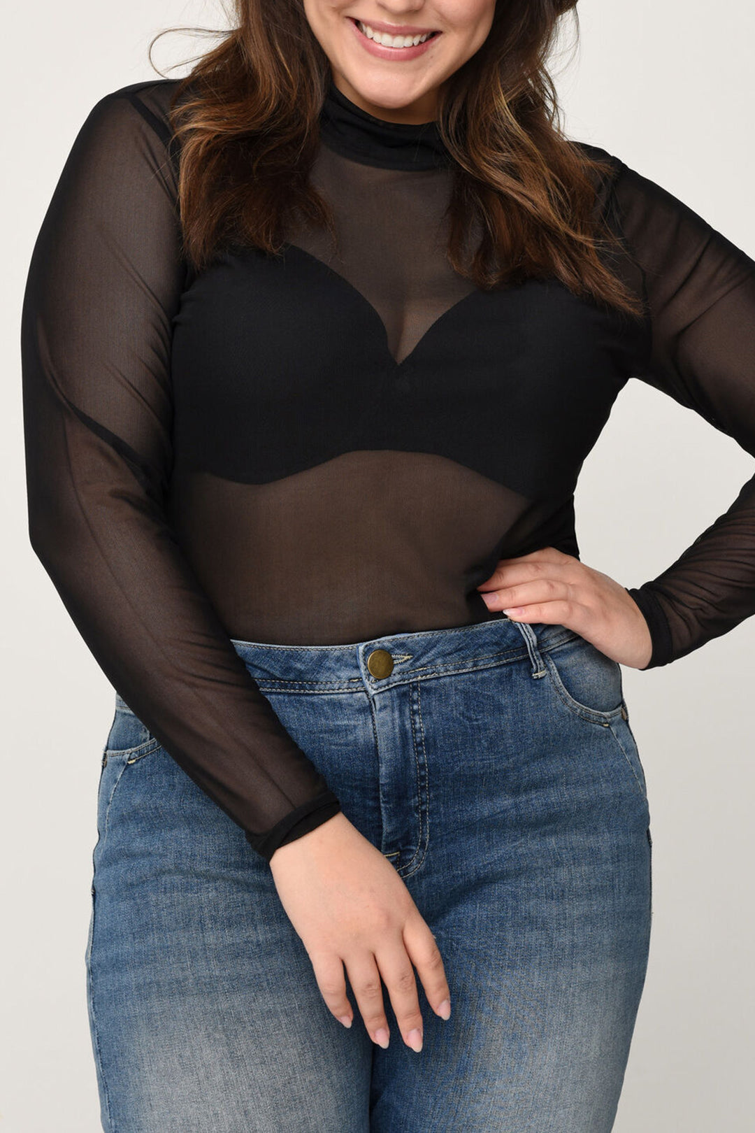 Plus Size Solid Mesh Sheer Long Sleeve Top