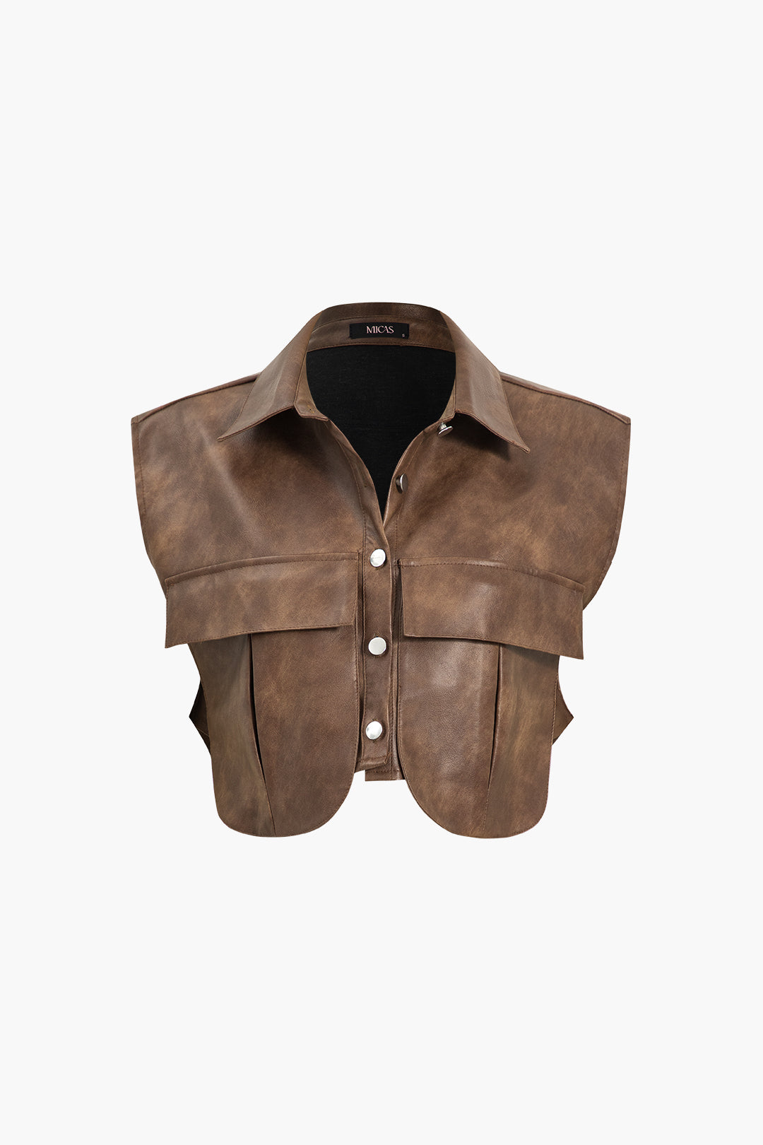 Solid Faux Leather Button Pocket Vest