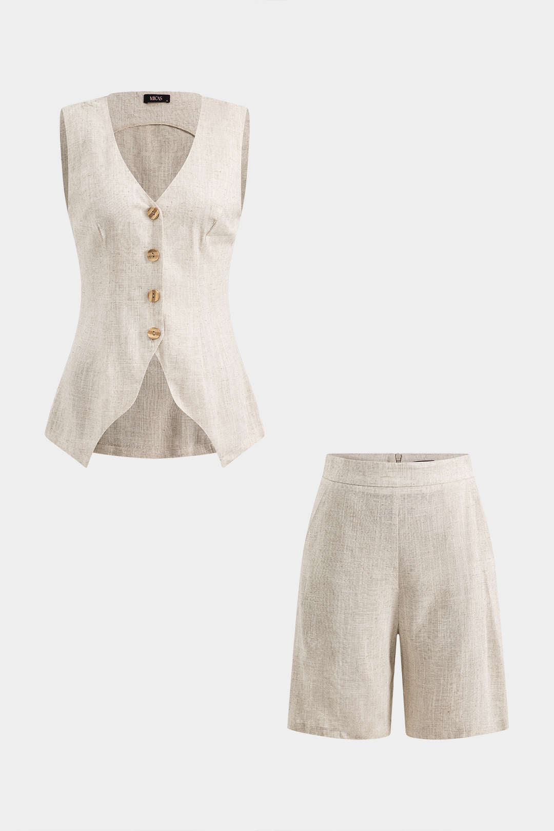 Linen Ruched Button Top And Zipper Shorts Set