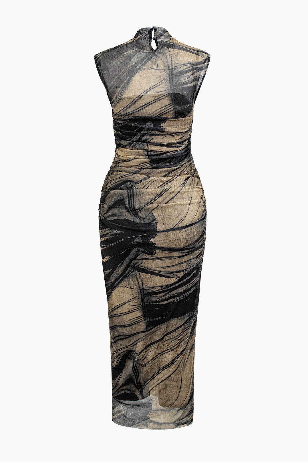 Abstract Print Mock Neck Mesh Ruched Sleeveless Maxi Dress