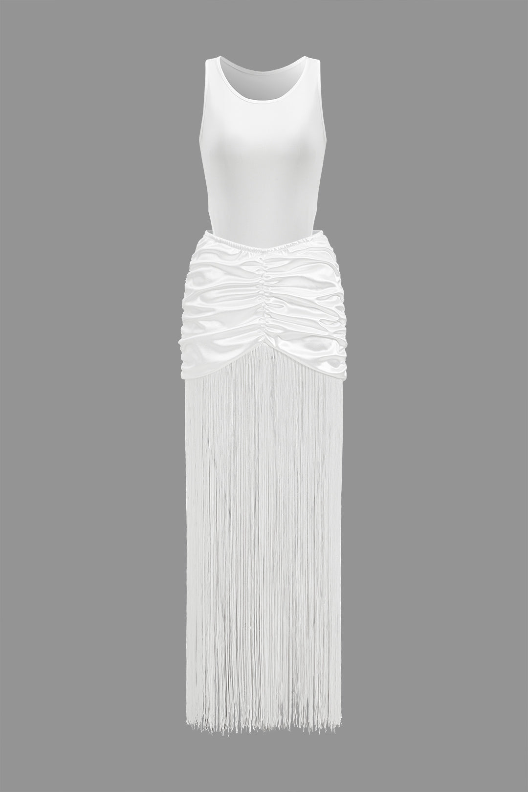 Sleeveless Bodysuit And Ruched Fringe Skirt Set