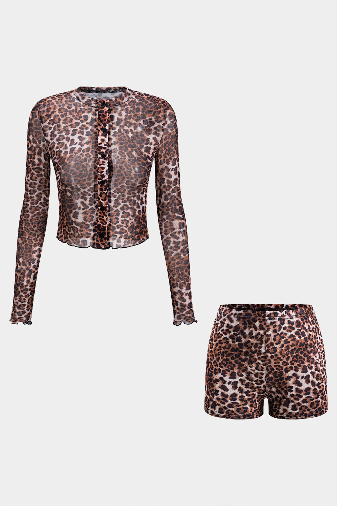 Leopard Print Mesh Button Long Sleeve Top And Shorts Set