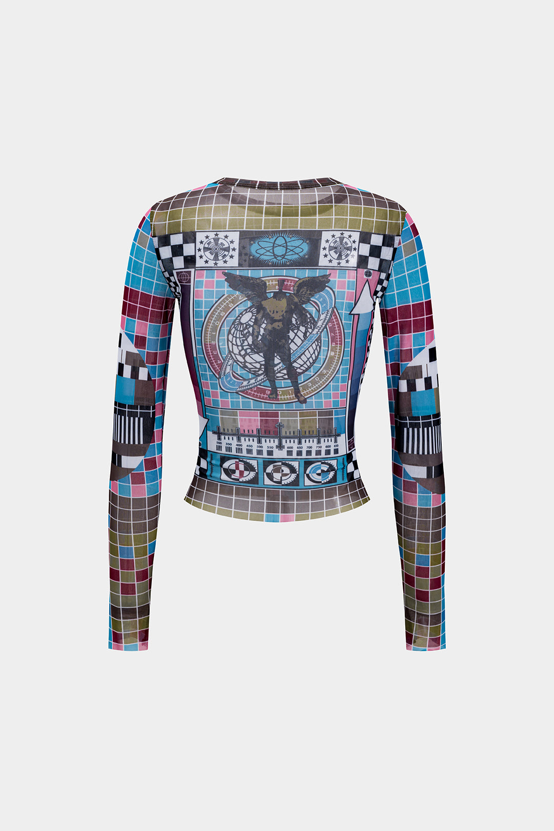 Retro Print Mesh Long Sleeve T-Shirt