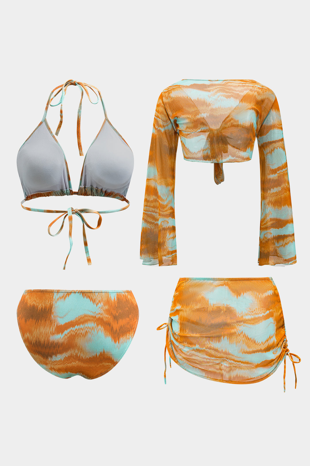 Tie Dye Print Ruched Strappy Long Sleeve Top And Tie-Up Bikini And Tie Knot Cover Up Set