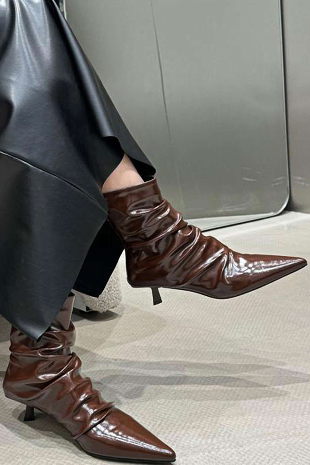 Wrinkled Faux Leather Pointed Ankle Boots