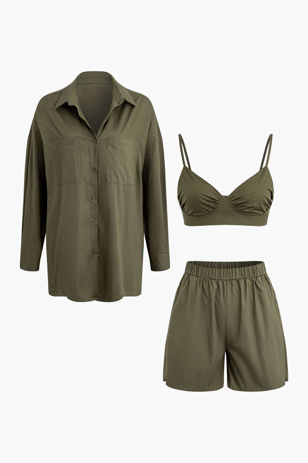 Button Pocket Long Sleeve Shirt And Ruched Cami Top And Shorts Set