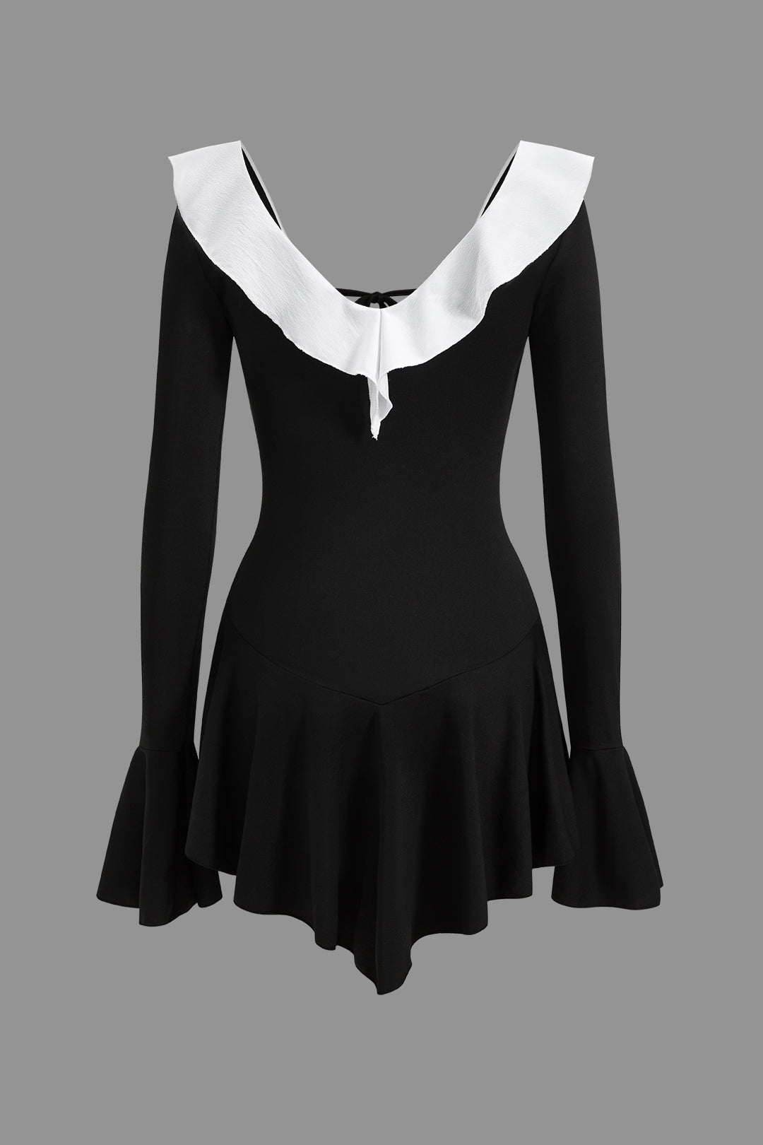 Contrast Ruffle Neck Tie Front Bell Sleeve Mini Dress