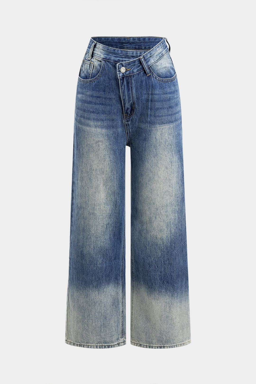 Faded Denim Button Pocket Wide Leg Jeans