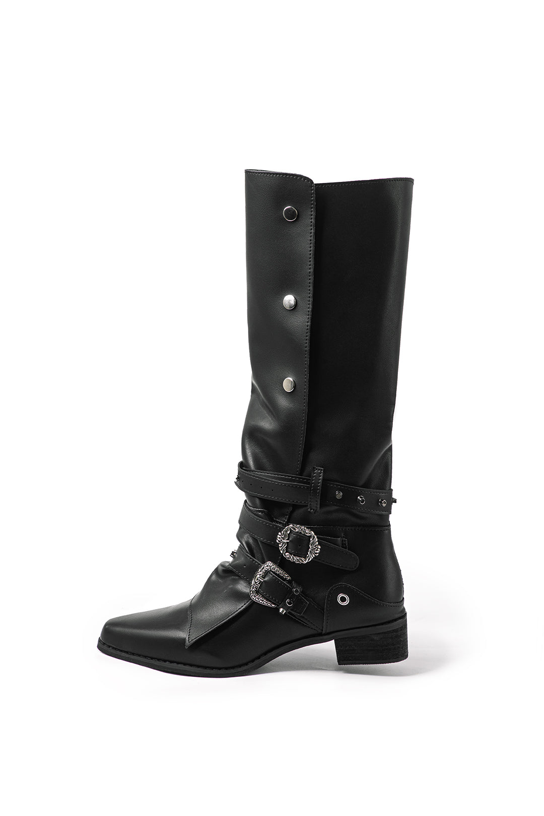 Retro Faux Leather Studded Pointed Toe Knee High Boots