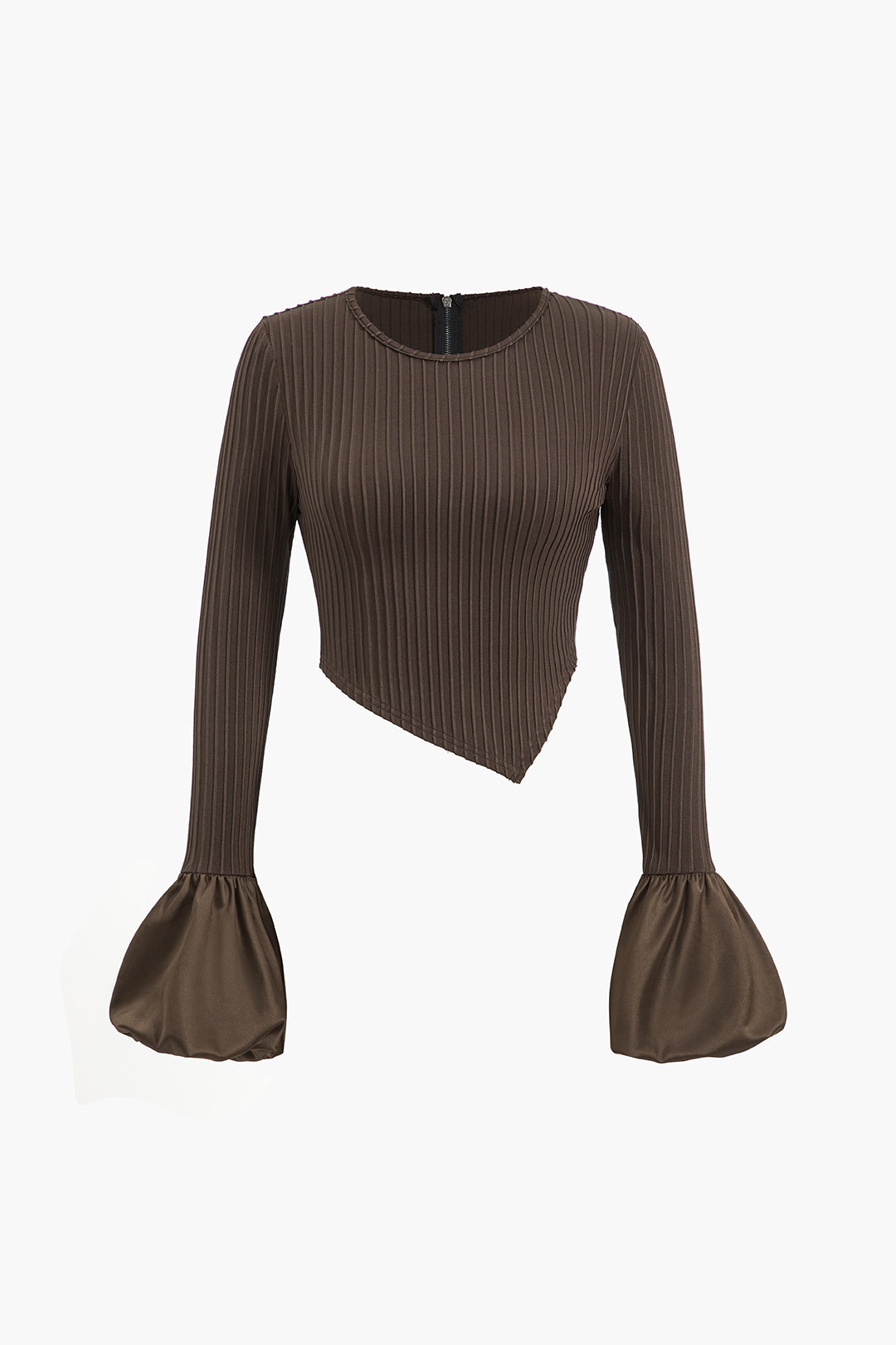 Solid Puff Sleeve Zipper Long-Sleeve Top