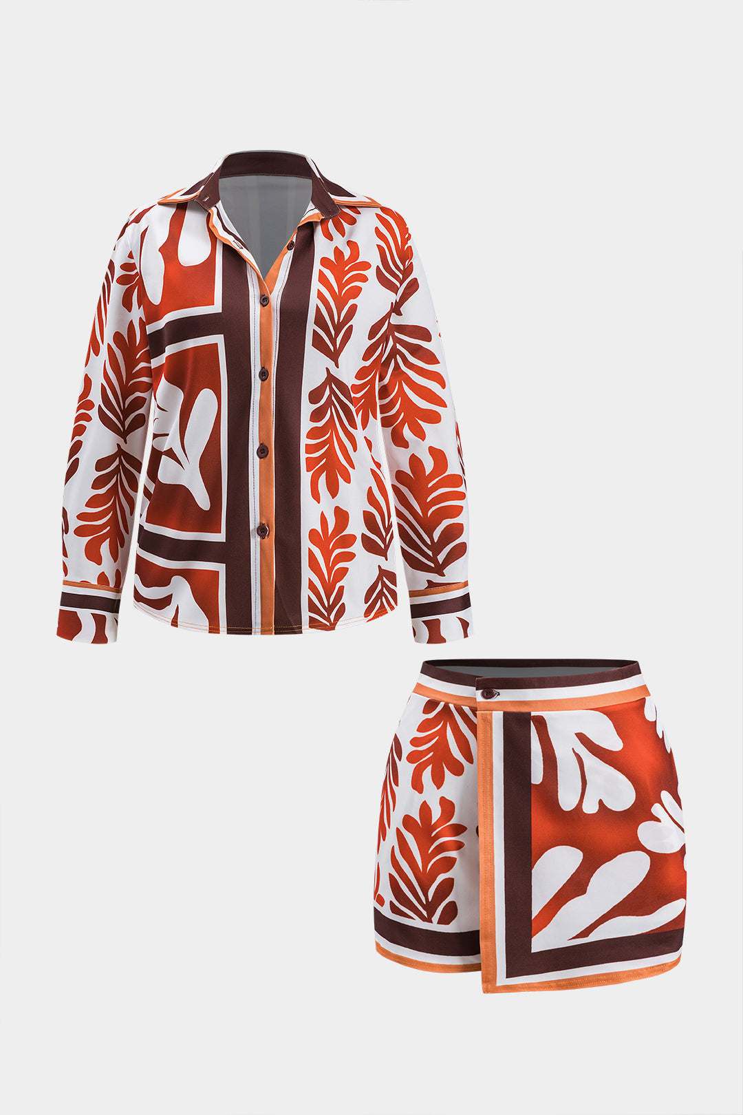 Plus Size Bohemian Print Button Long Sleeve Shirt And Button Shorts Set