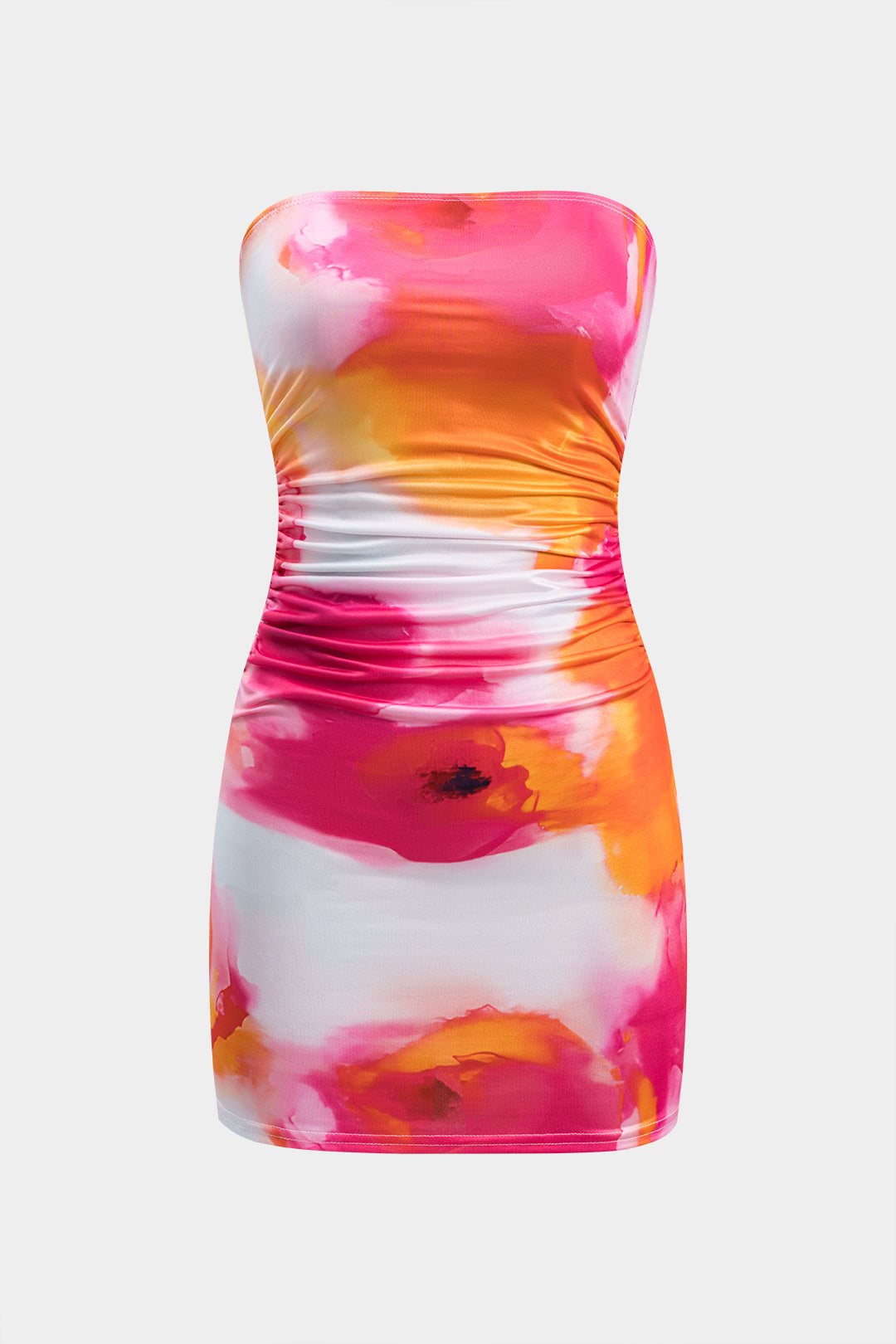 Tie Dye Ruched Strapless Mini Dress