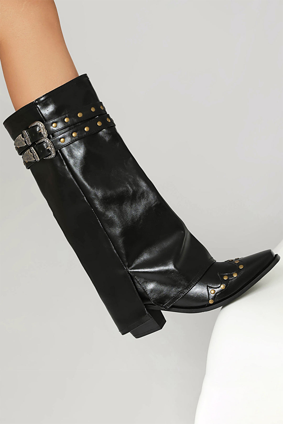 Faux Leather Studded Pointed Toe Mid Calf Boots