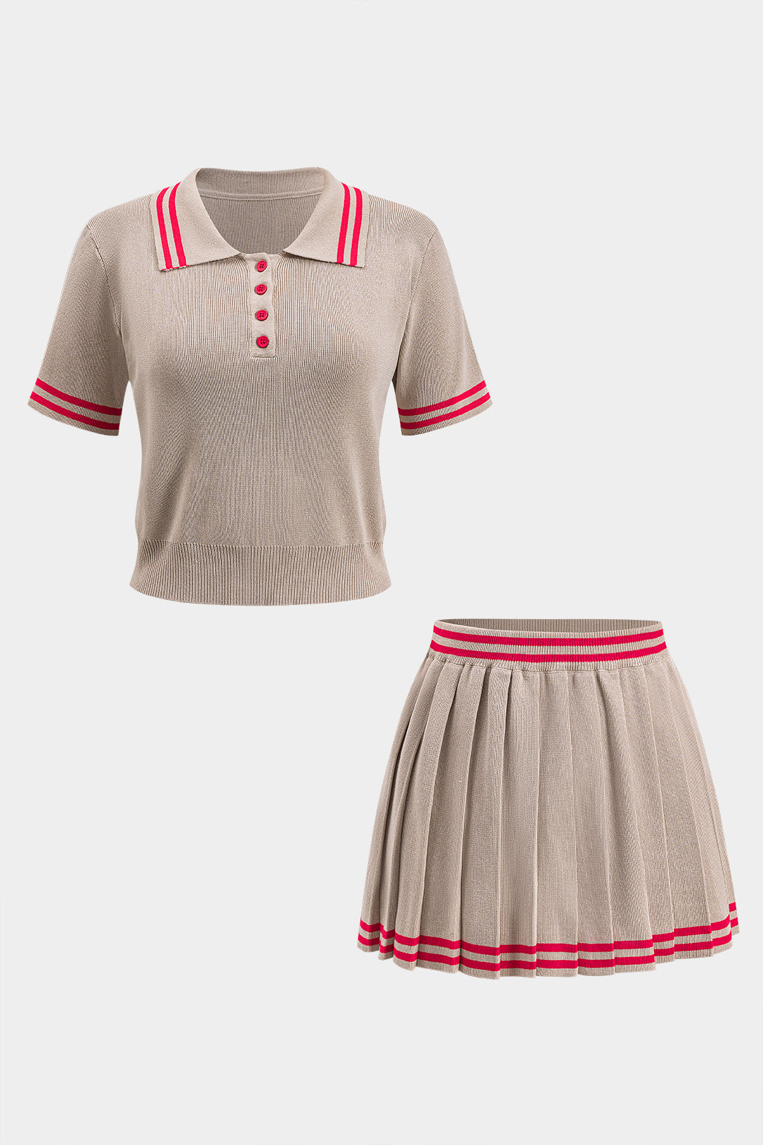 Contrast Knitted Button Short Sleeve Top And Pleated Skirt Set