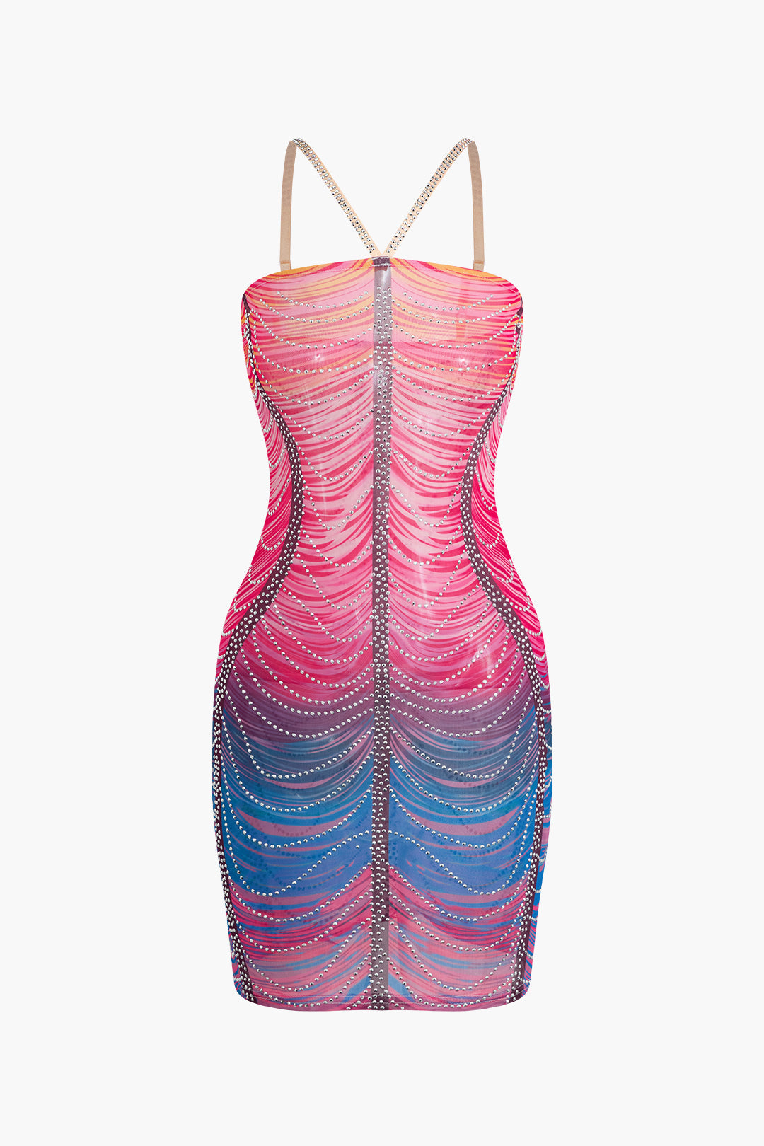 Rainbow Striped Rhinestone Bodycon Mini Dress