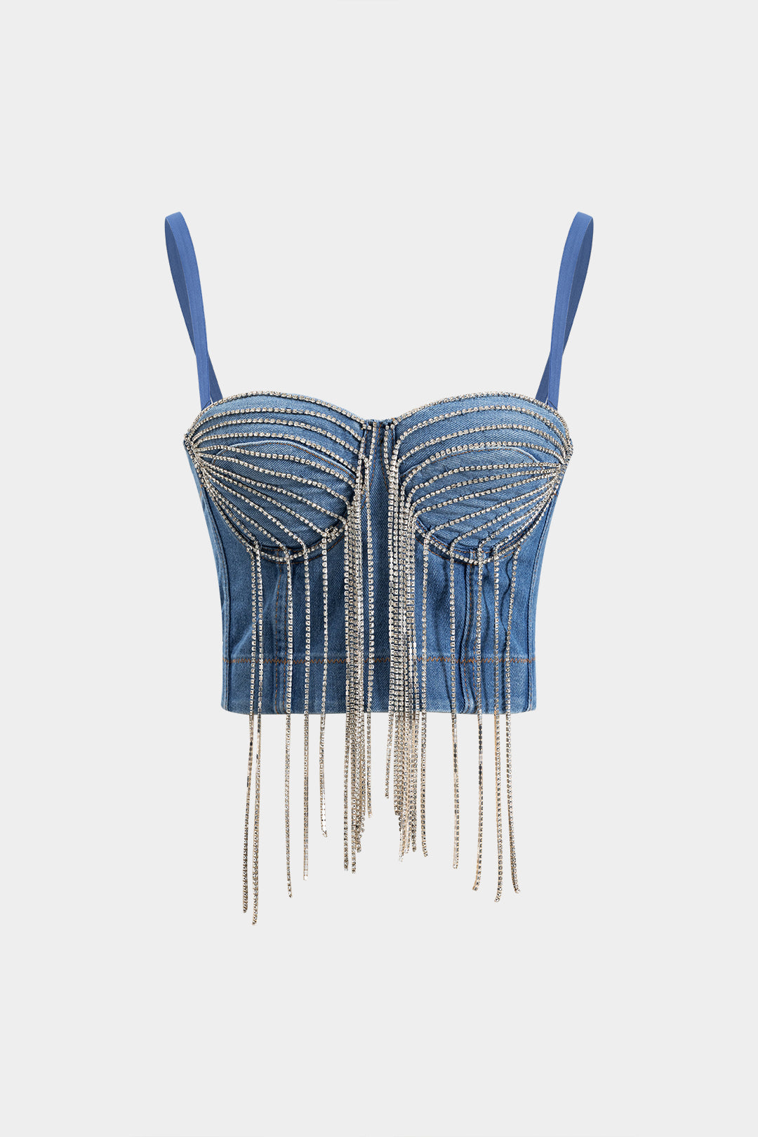 Denim Rhinestone Fringe Bustier Slip Cami Top