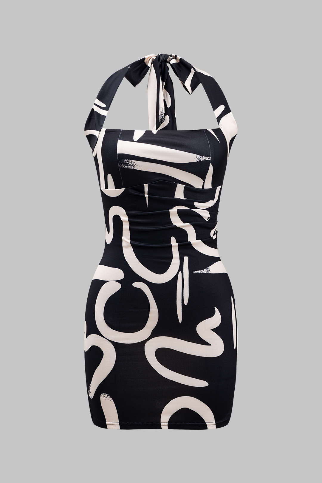 Abstract Print Tie Up Zipper Backless Mini Dress