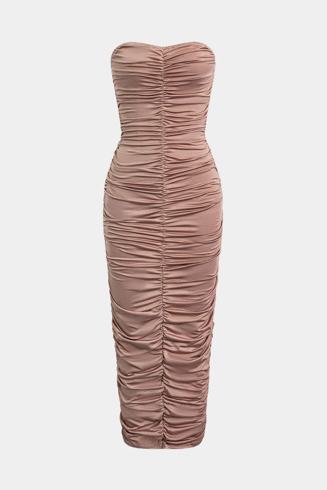 Solid Ruched Strapless Midi Dress