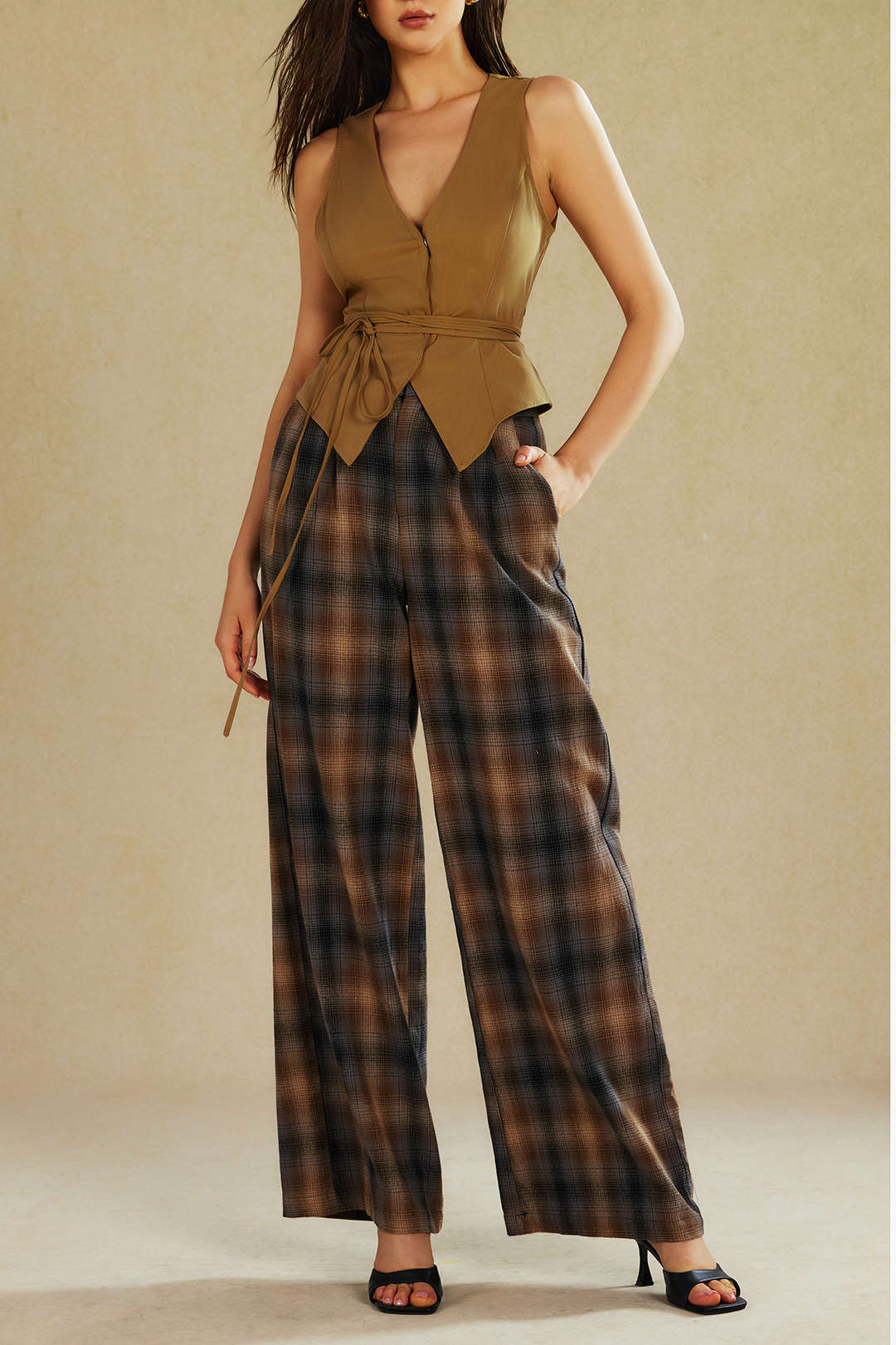 Plaid Print Wide Leg Trousers