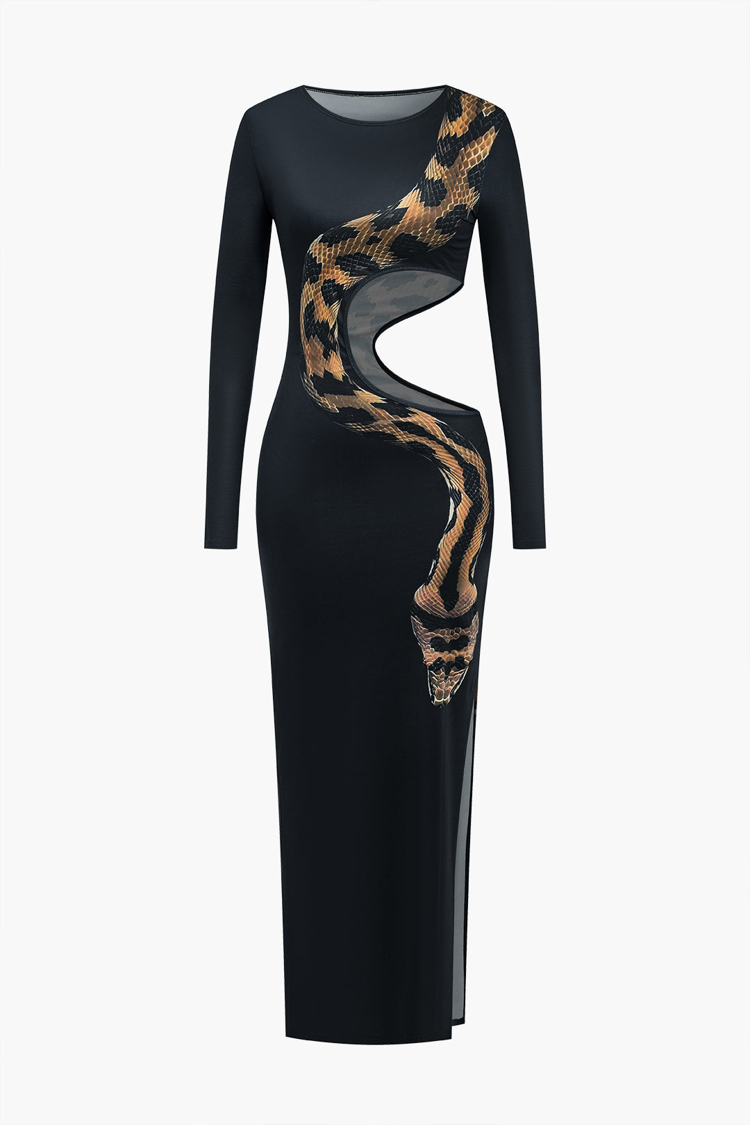 Snake Print Cut Out Long Sleeve Slit Maxi Dress