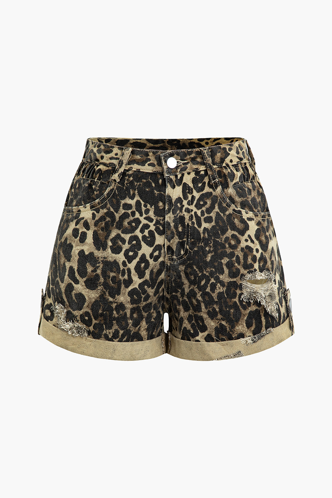 Leopard Print Denim Pocket Button Shorts