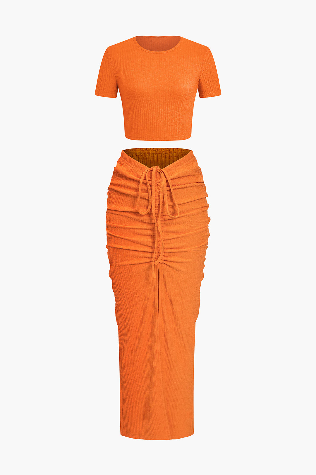 Textured Crop Top And Drawstring Ruched Skirt Set