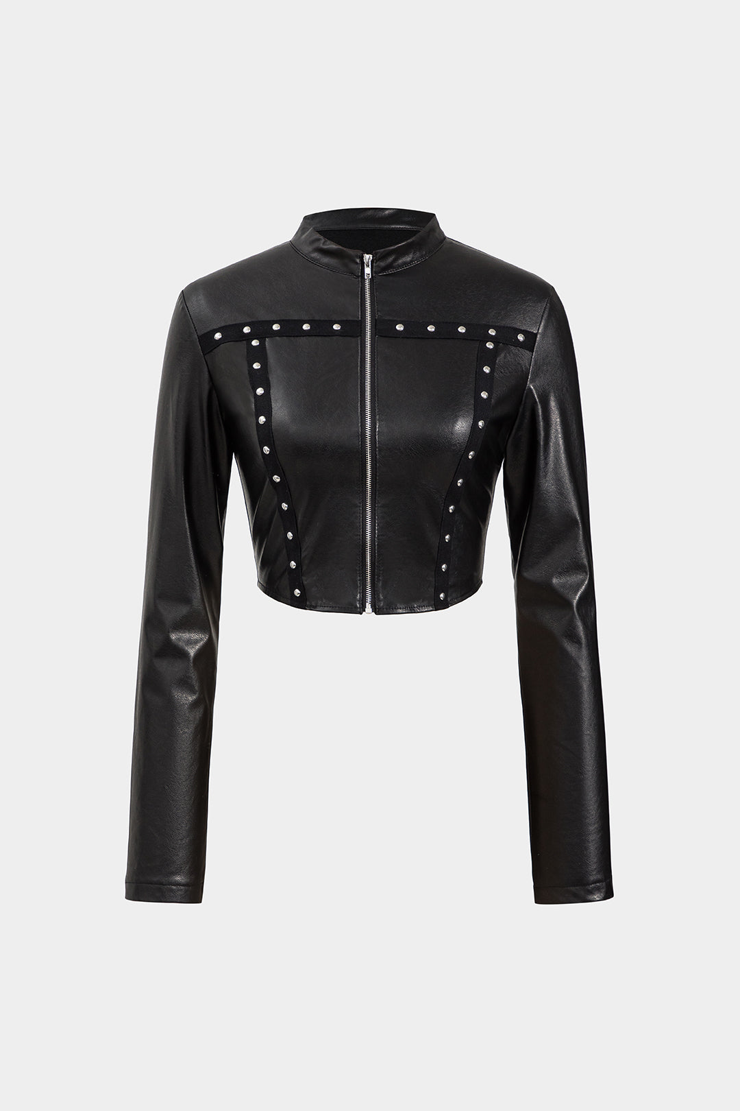 Faux Leather Zipper Rivet Long Sleeve Jacket