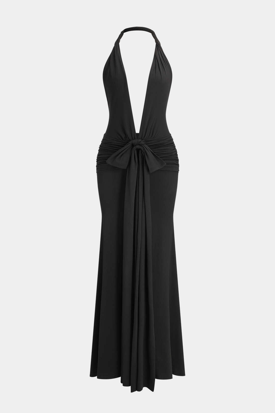 Ruched Tie Front Halter Neck Backless Maxi Dress