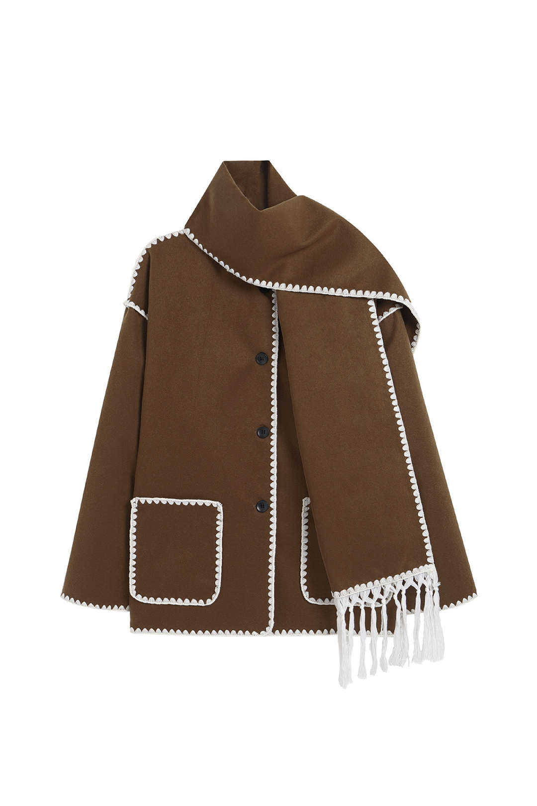 Contrast Trim Wool-blend Coat With Tassel Scarf