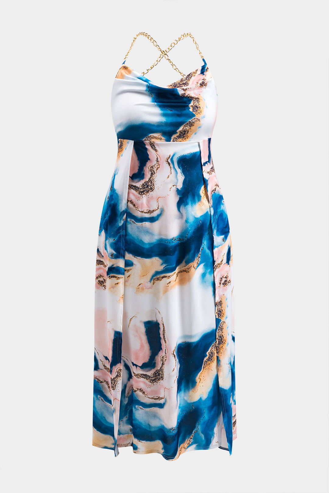 Plus Size Tie Dye Print Satin Metal Chain Ruched Backless Maxi Dress