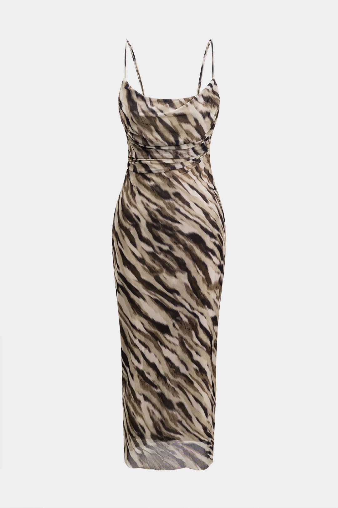 Tiger Print Mesh Ruched Backless Slip Maxi Dress