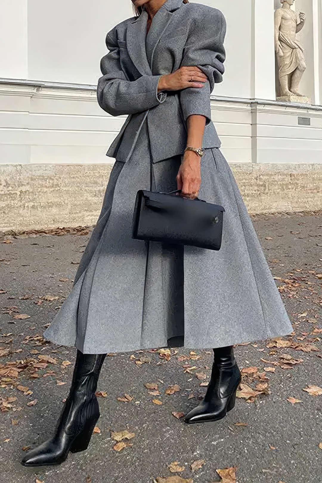 Notched Lapel Blazer  And Midi Skirt Set