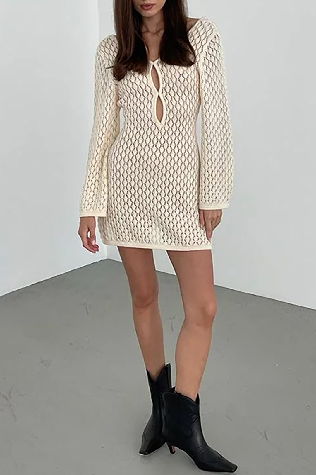 Knitted Cut Out Backless Long Sleeve Mini Dress