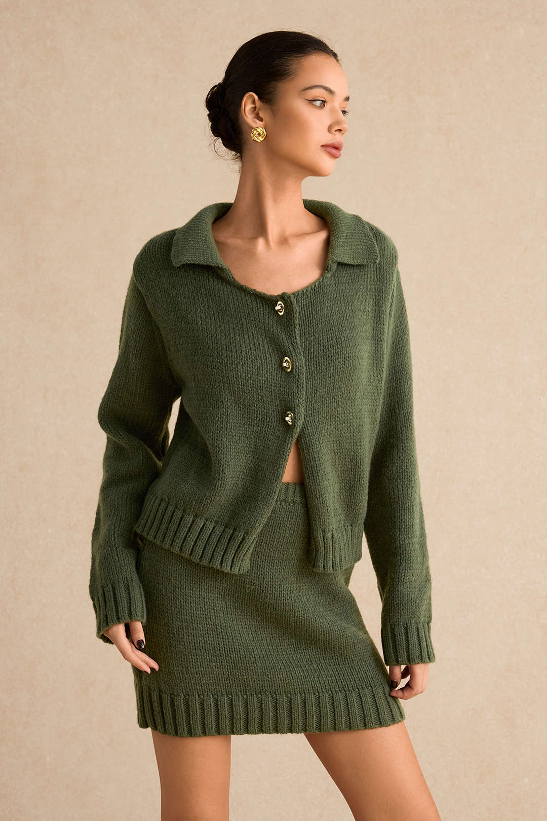 Knitted Metallic Button Long-Sleeve Top